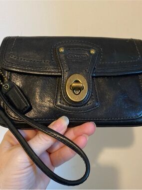 Coach Black Leather Turnlock Wristlet with Brass Hardware